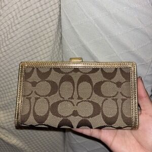 Coach Signature Checkbook Cover Case Holder Khaki Gold